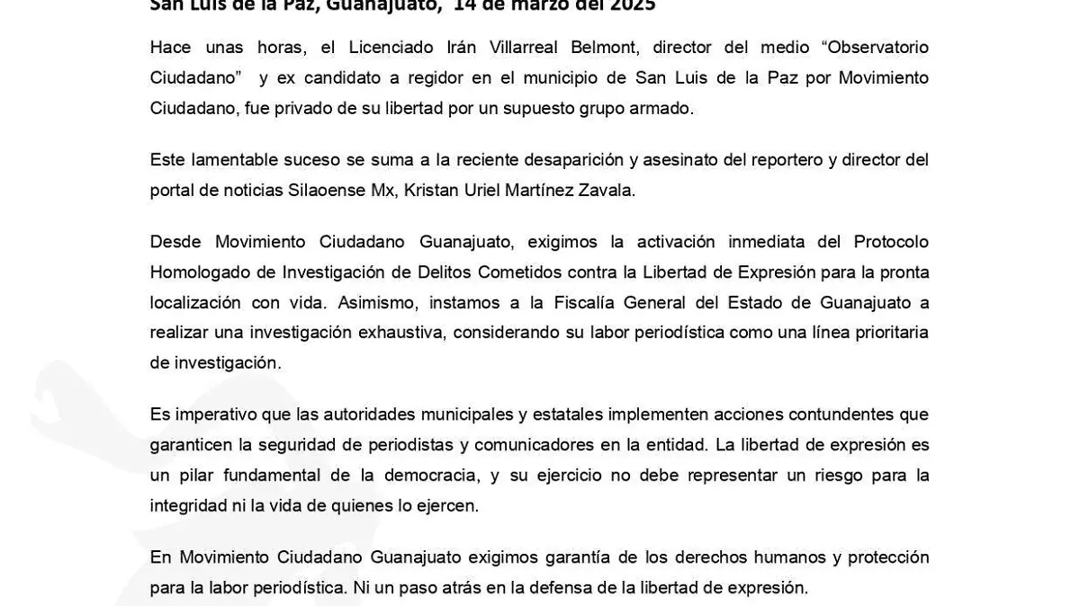 Comunicado de prensa de Movimiento Ciudadano