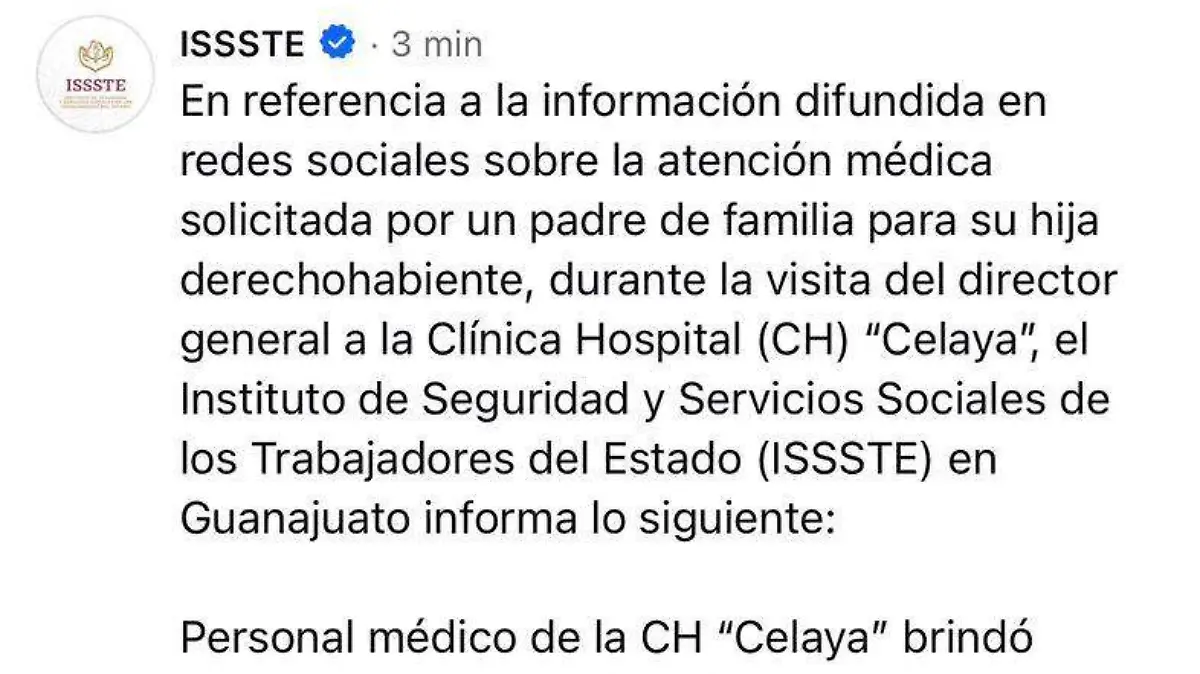 El ISSSTE dio servicio a menor tras difundirse video del padre de la niña donde reclama mala atención.