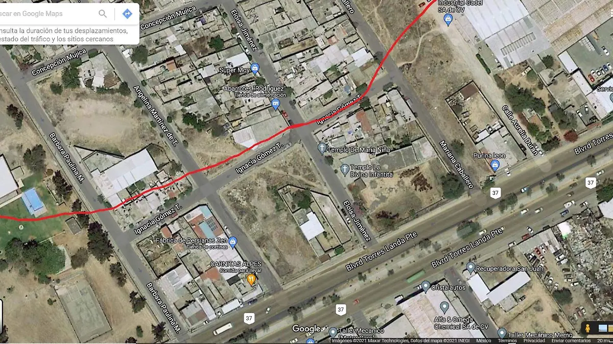 google maps linea roja muestra afectaciones en col.granjas las amalias