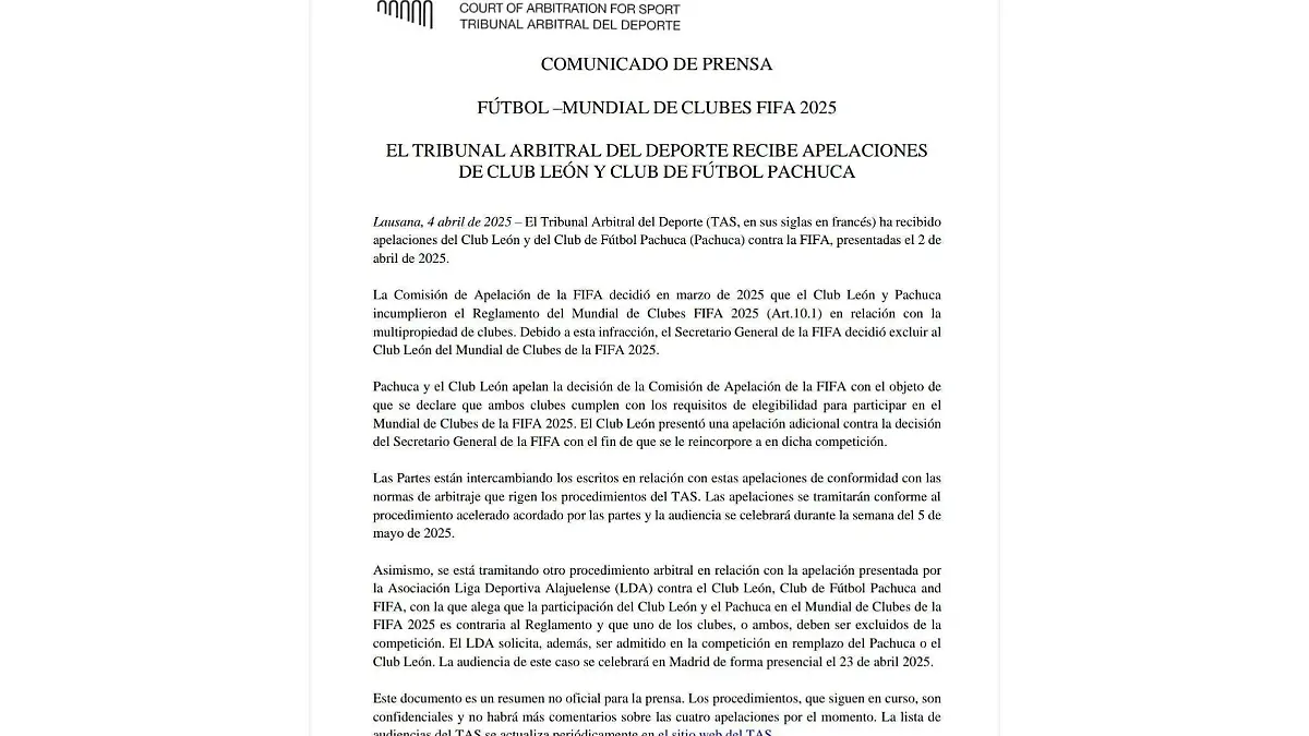 TAS / CAS - Comunicado de prensa