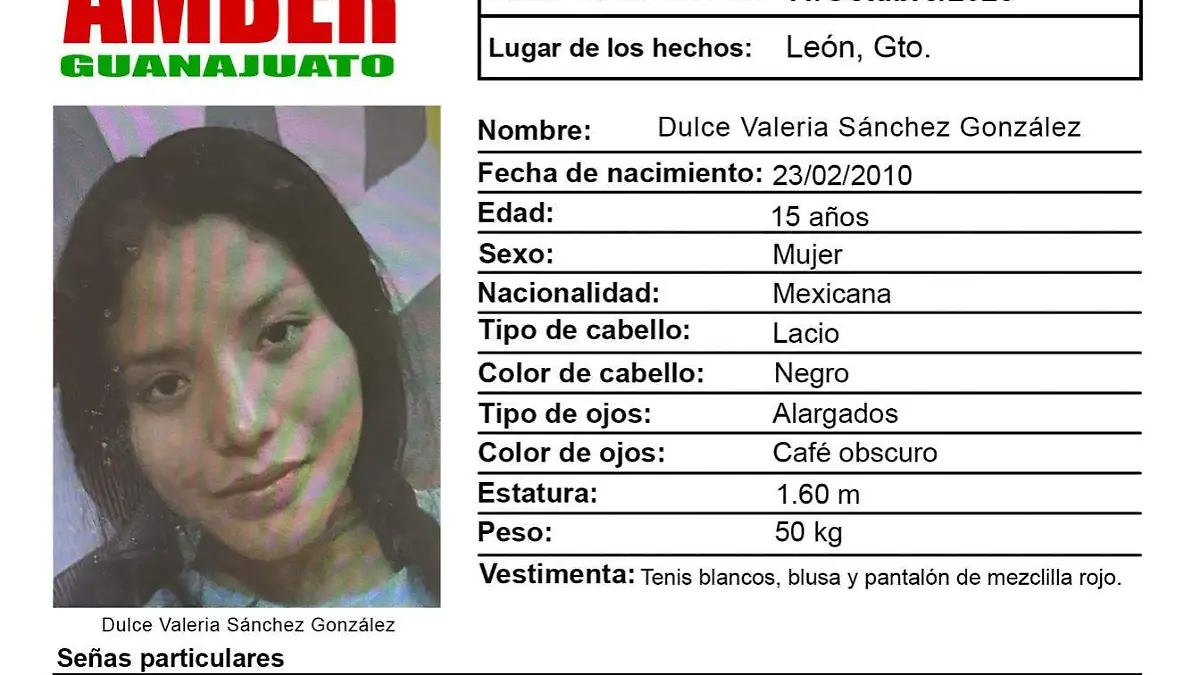 Ficha de Alerta Amber de Dulce Valeria Sánchez González