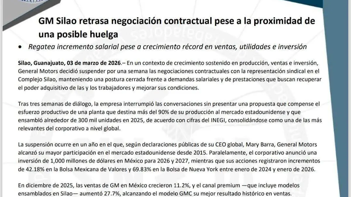 General Motors y SINTTIA continúan negociaciones salariales en Silao