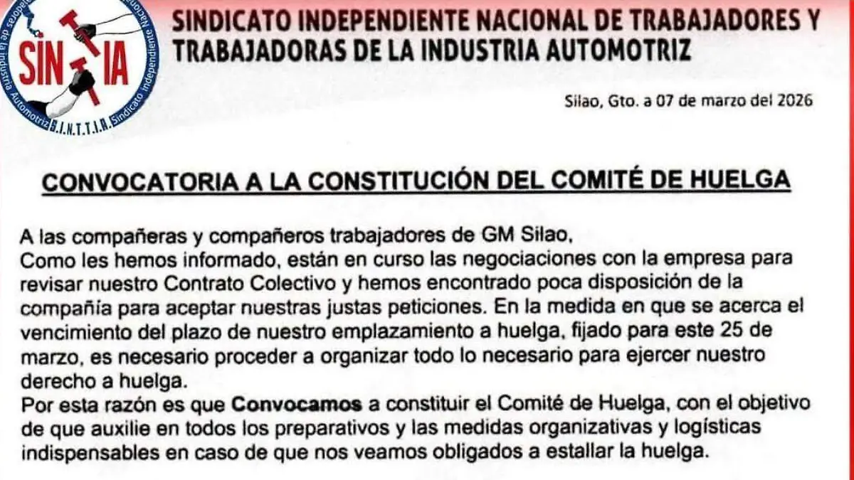SINTTIA convoca a formar Comité de Huelga en General Motors Silao