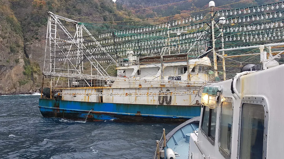 A Chinese squid ship that uses bright lights is anchored in South Korean waters near Ulleung Island.
