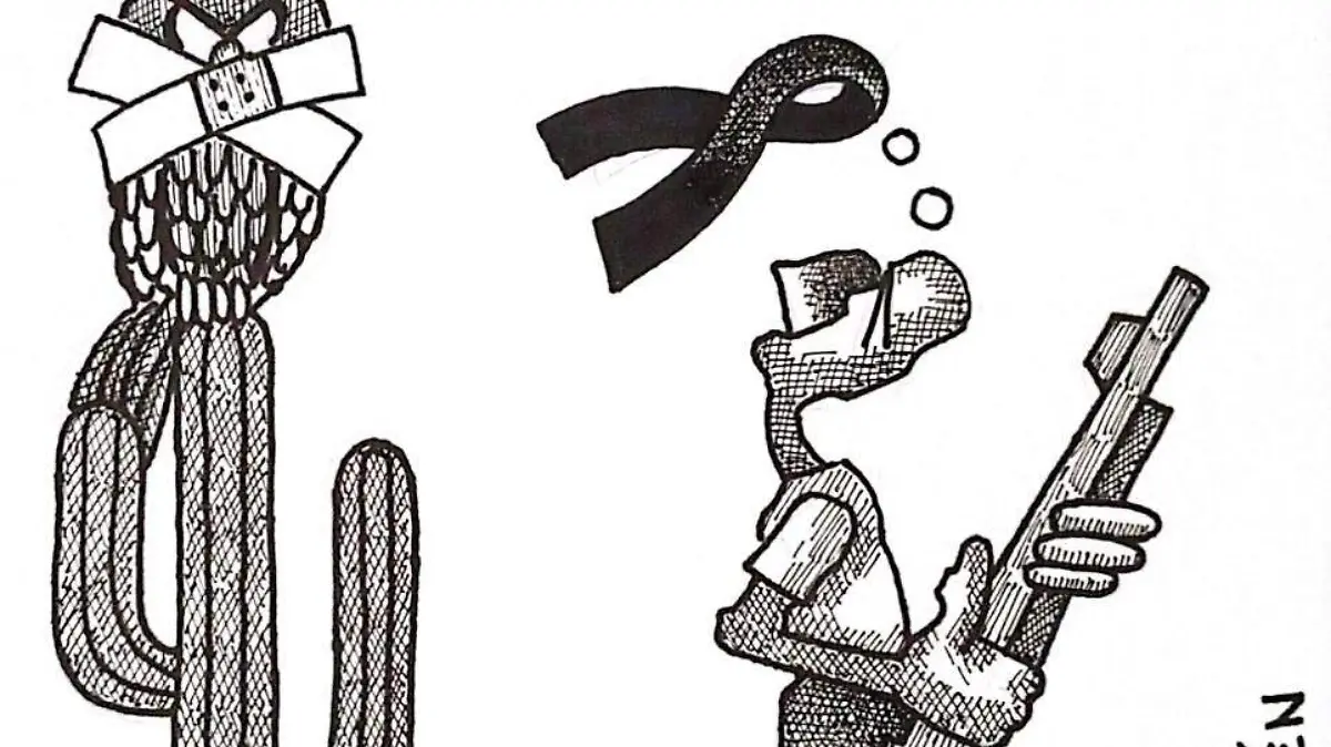 cartón RUBEN '' CUANDO EL TECOLOTE CANTABA EL INDIO MORIA''