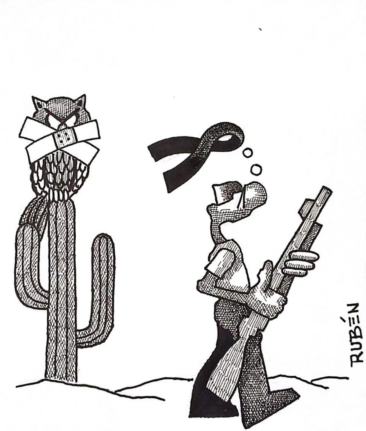 cartón RUBEN '' CUANDO EL TECOLOTE CANTABA EL INDIO MORIA''