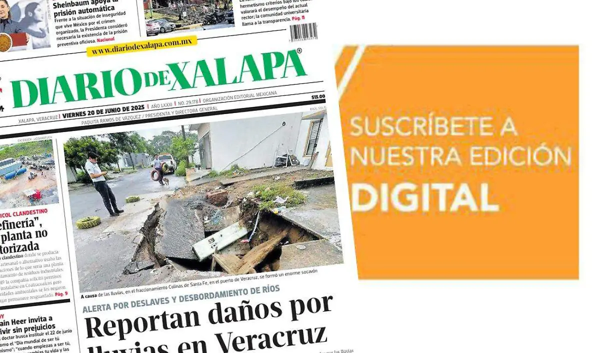Portada Diario de Xalapa  Viernes, 20 de junio 2025