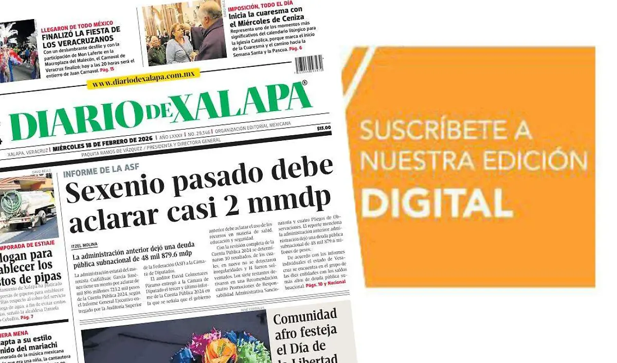Portada Diario de Xalapa Miércoles, 18 de febrero 2026