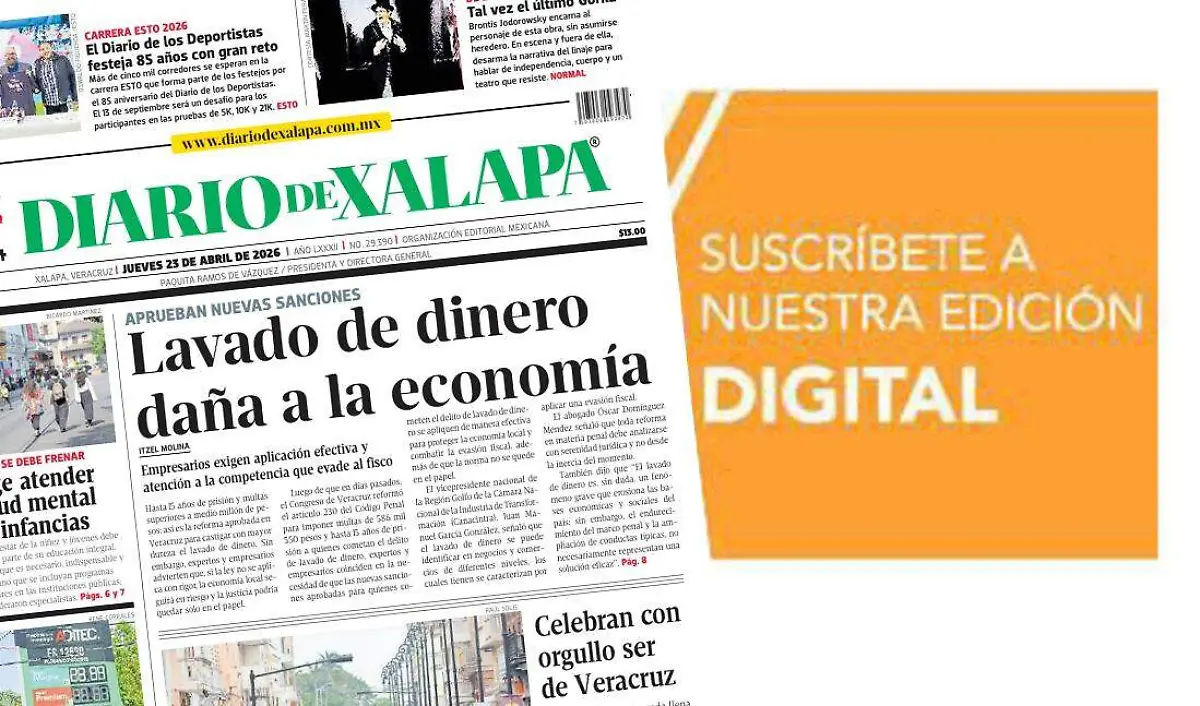 Portada Diario de Xalapa Jueves, 23 de abril 2026