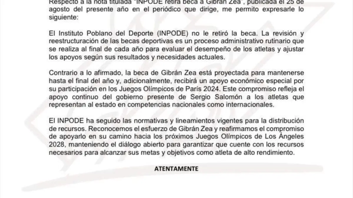 Carta aclaratoria INPODE sobre Gibran Zea