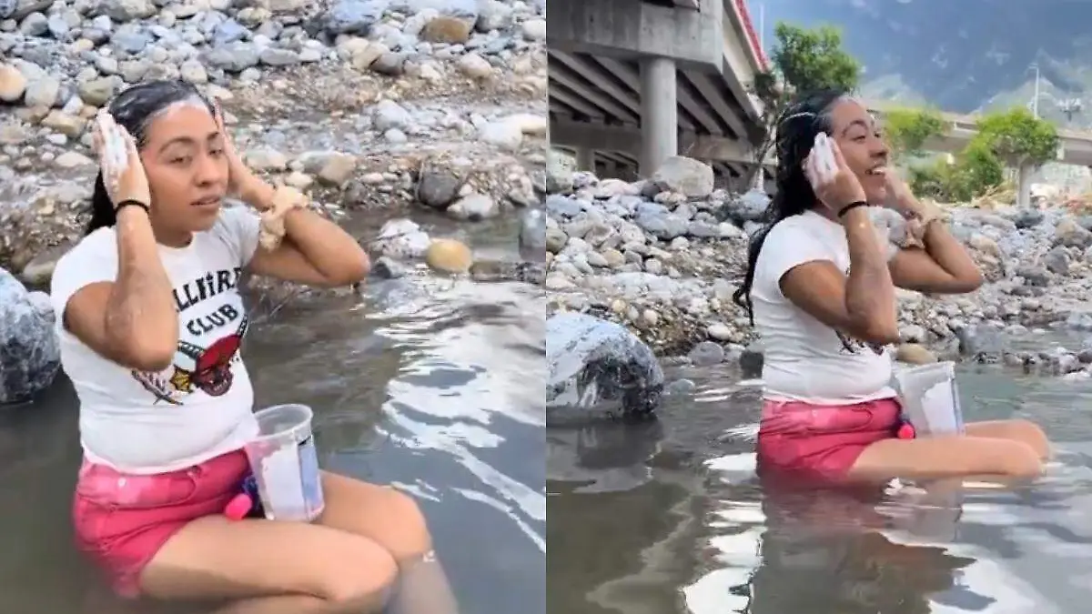 Joven se viraliza al bañarse en el río Santa Catarina tras escasez de agua