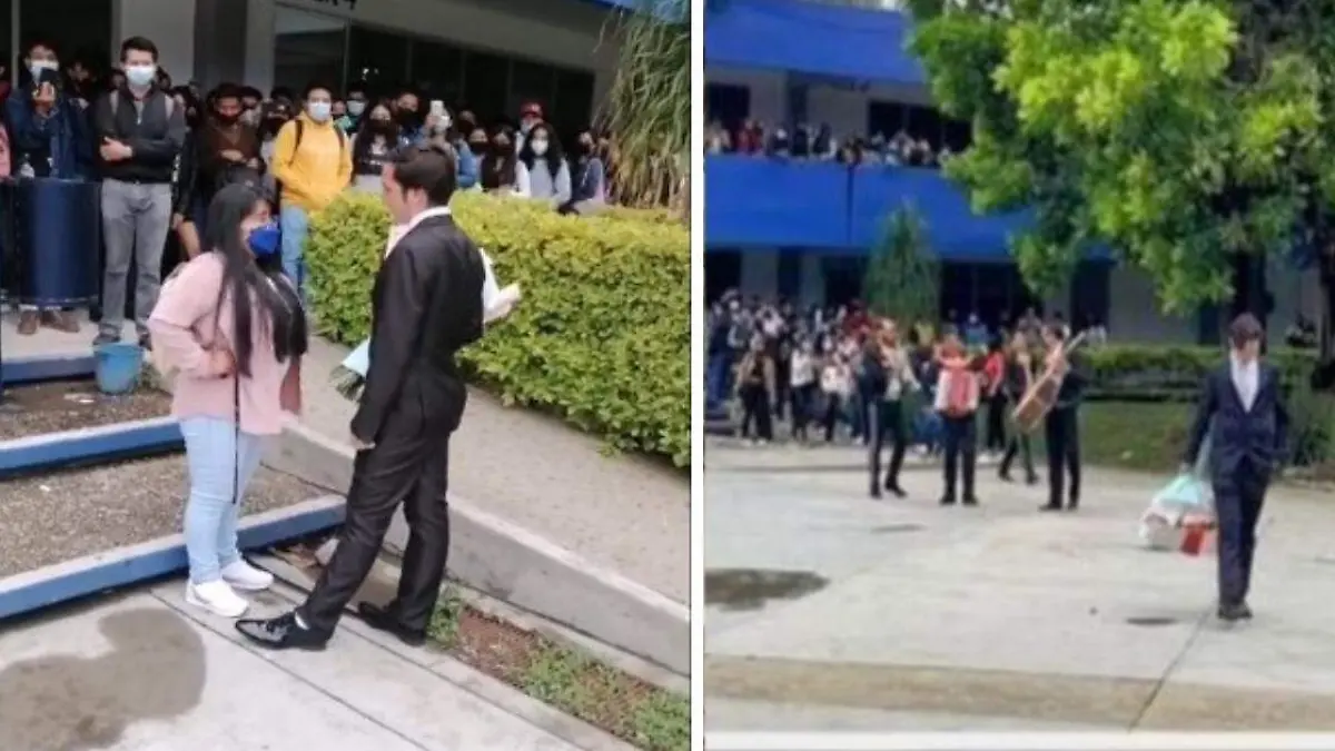 Alumno lleva mariachi y flores a joven frente a toda la universidad y termina rechazado