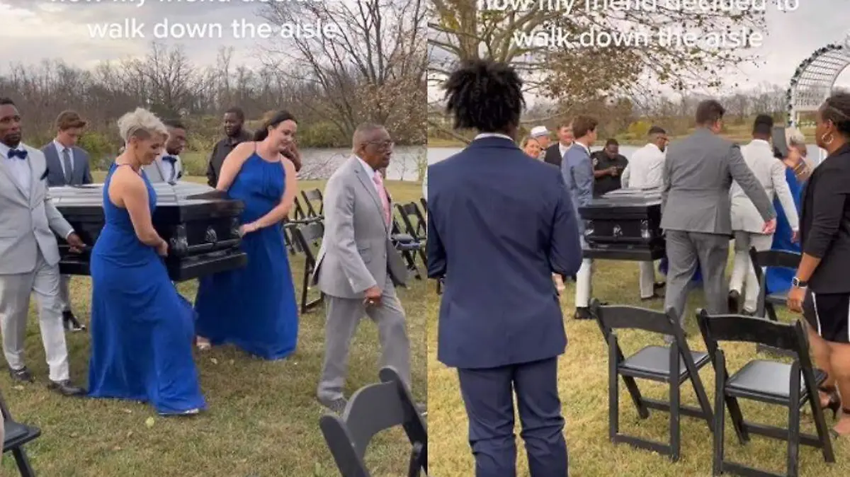 Novio entra a boda dentro de un ataud