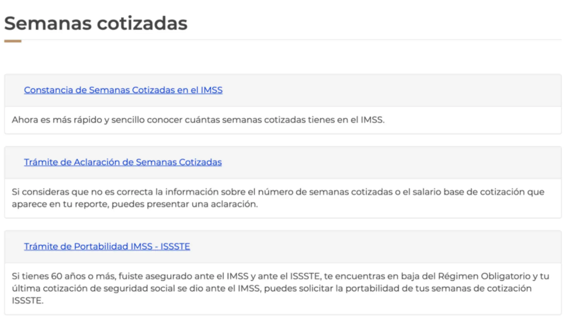 Selecciona la primera opción Constancia de Semanas Cotizadas en el IMSS