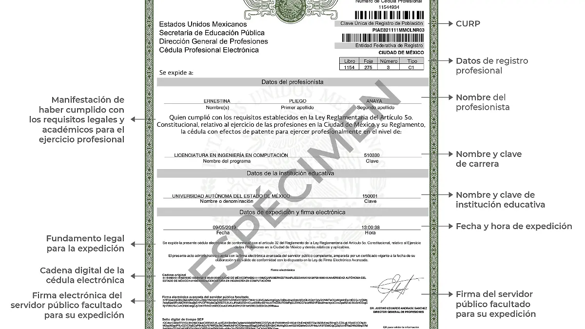 Lo primero que debe tener este documento es el escudo nacional, seguido de número de cédula y la CURP del interesado