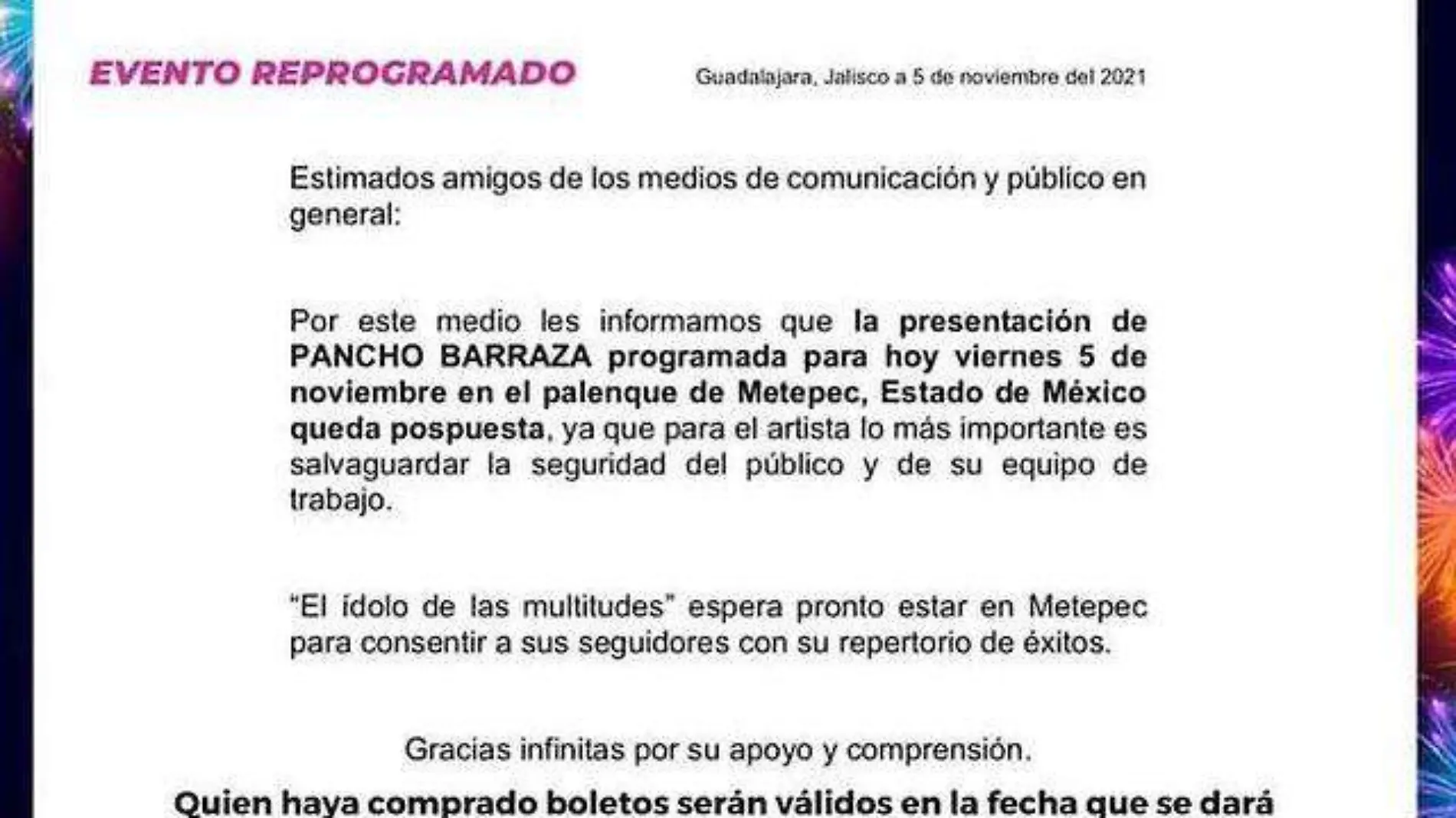 El cantante anunció la cancelación de su concierto, mediante un comunicado