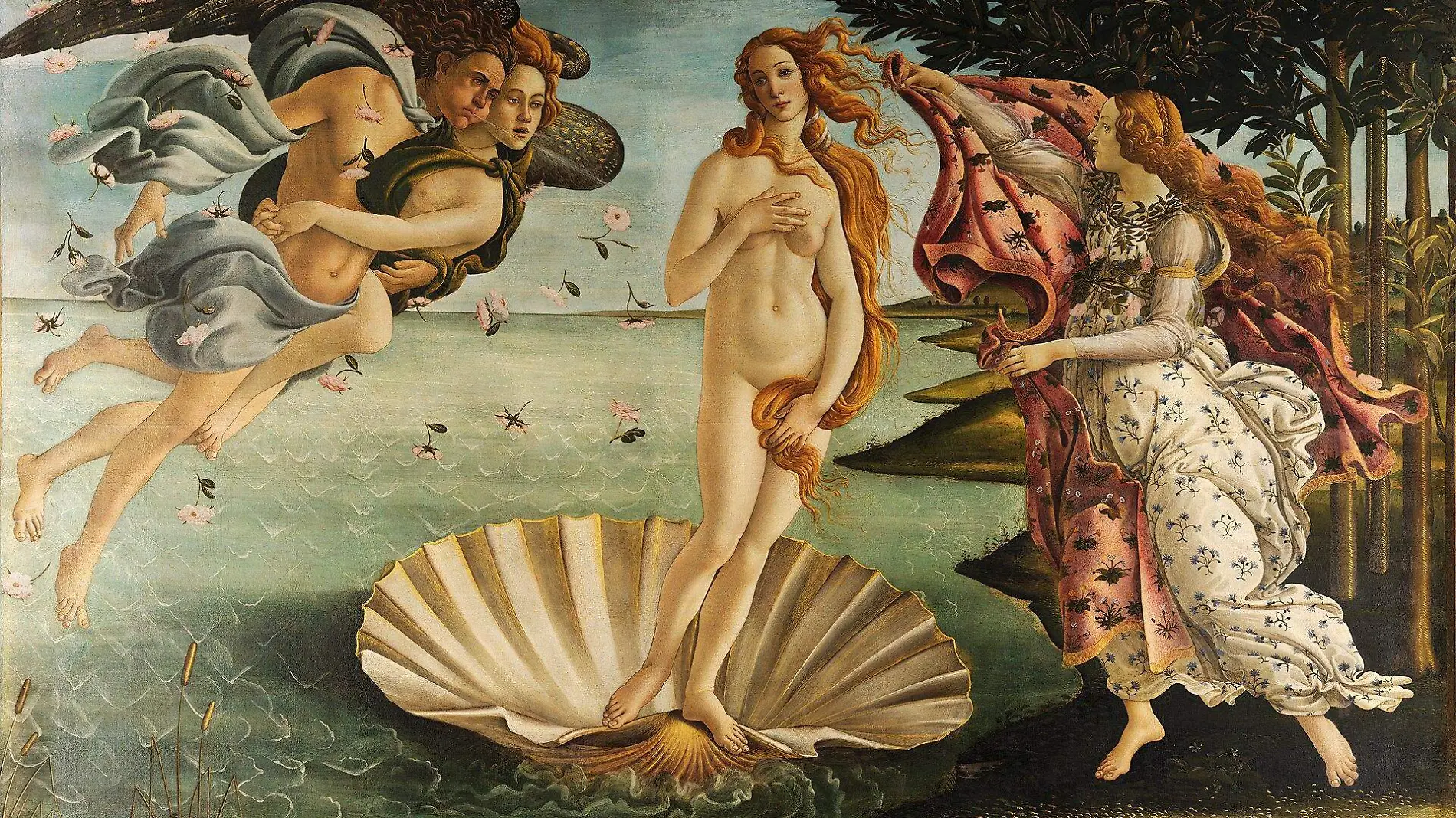 Nacimiento de Venus (Afrodita), 1485, Sandro Botticelli. Galeria Uffizi, Florencia, Italia.