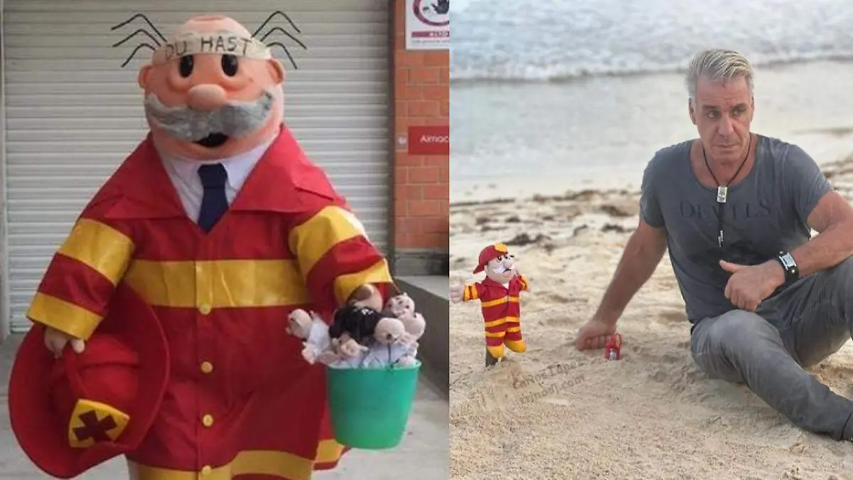 Vocalista de Rammstein viajó a Cancún con su muñeco del Dr. Simi y hasta posó a su lado en la playa