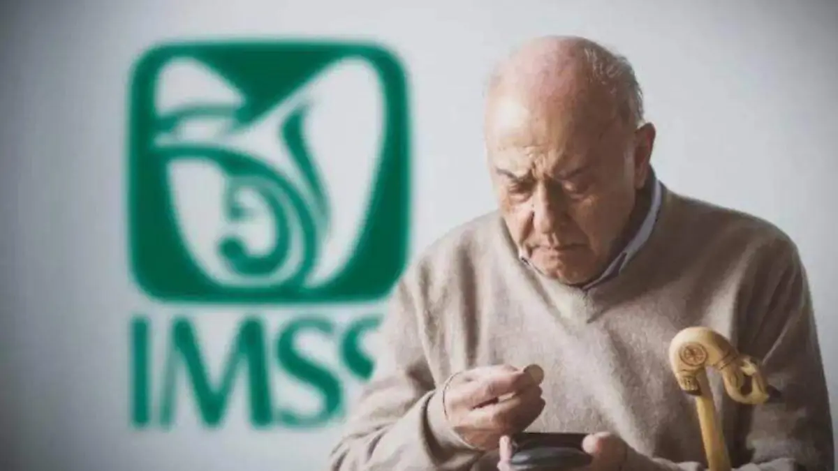 Pensionado, persona en vejez con logo del IMSS de fondo