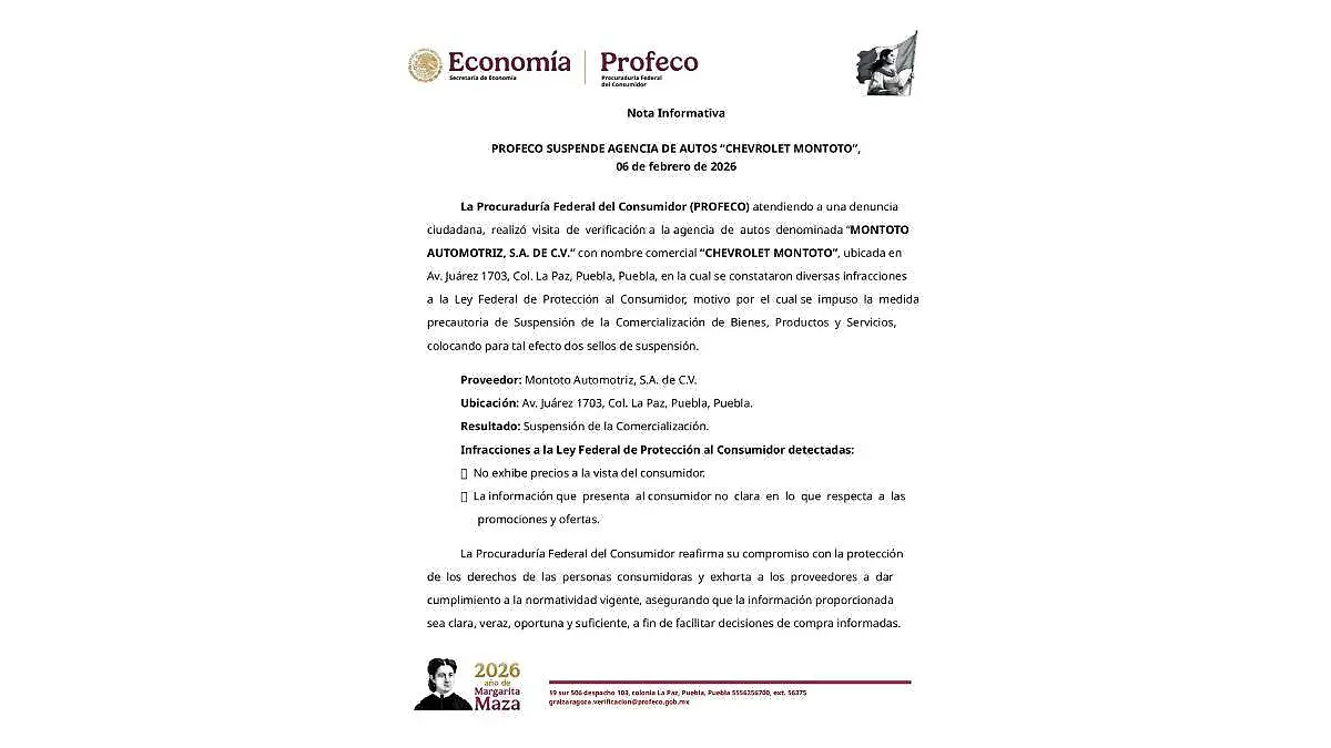 La Profeco impuso una suspensión precautoria a la agencia Chevrolet Montoto al detectar prácticas que afectan el derecho de los consumidores.
