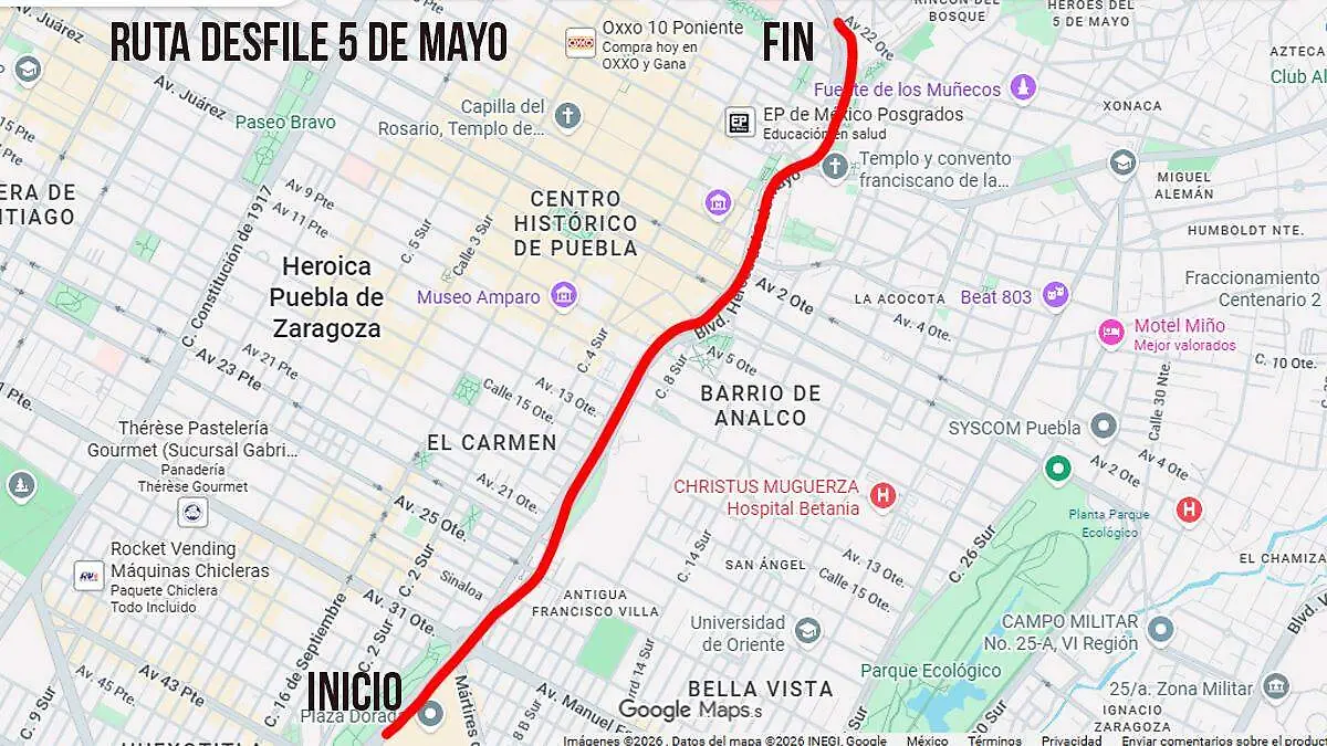 ruta desfile 5 de mayo 2026, inicia en Dorada y termina en la 18 oriente 