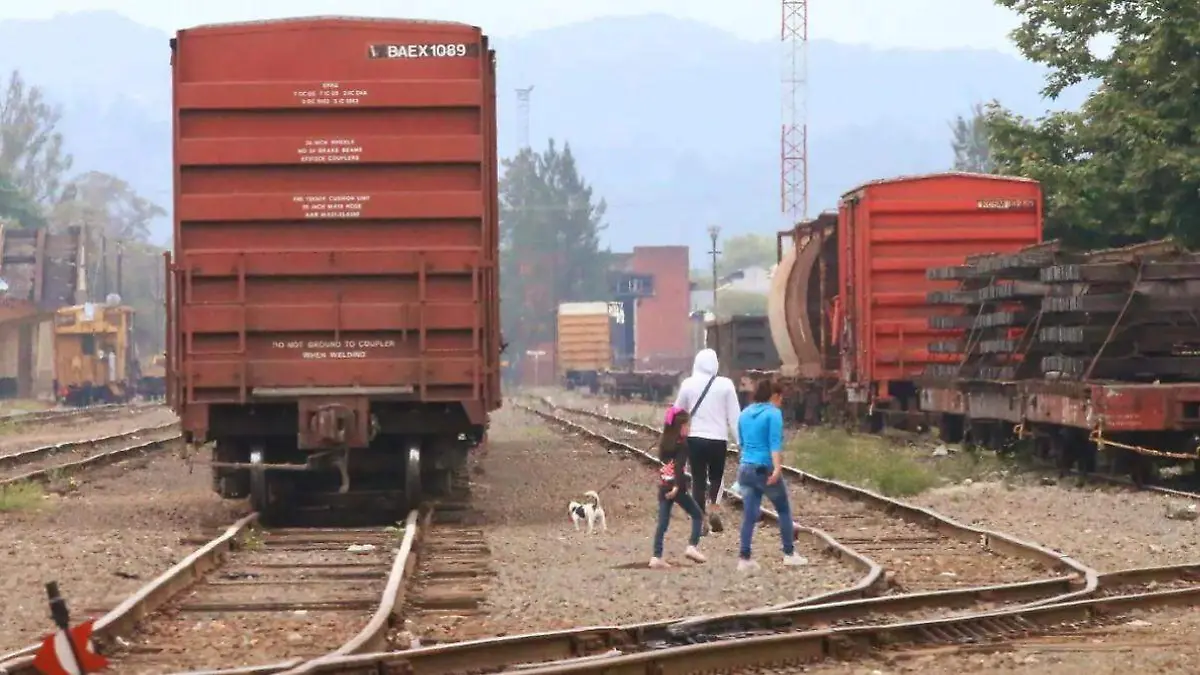 tren estacionado en una vía ferrea, personas cerca de tren