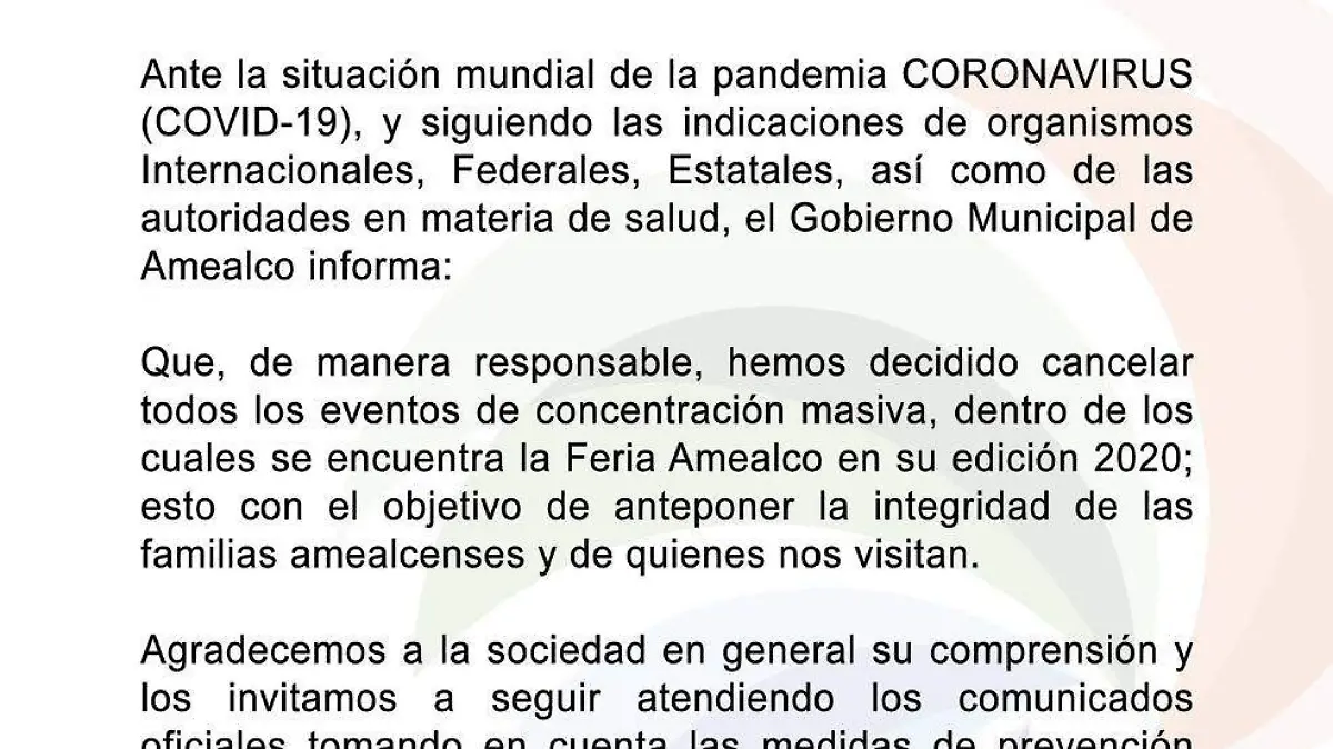 Gobierno amealcense emitió un comunicado para dar a conocer las restricciones para eventos masivos. Foto Cortesía Gobierno Amealco.