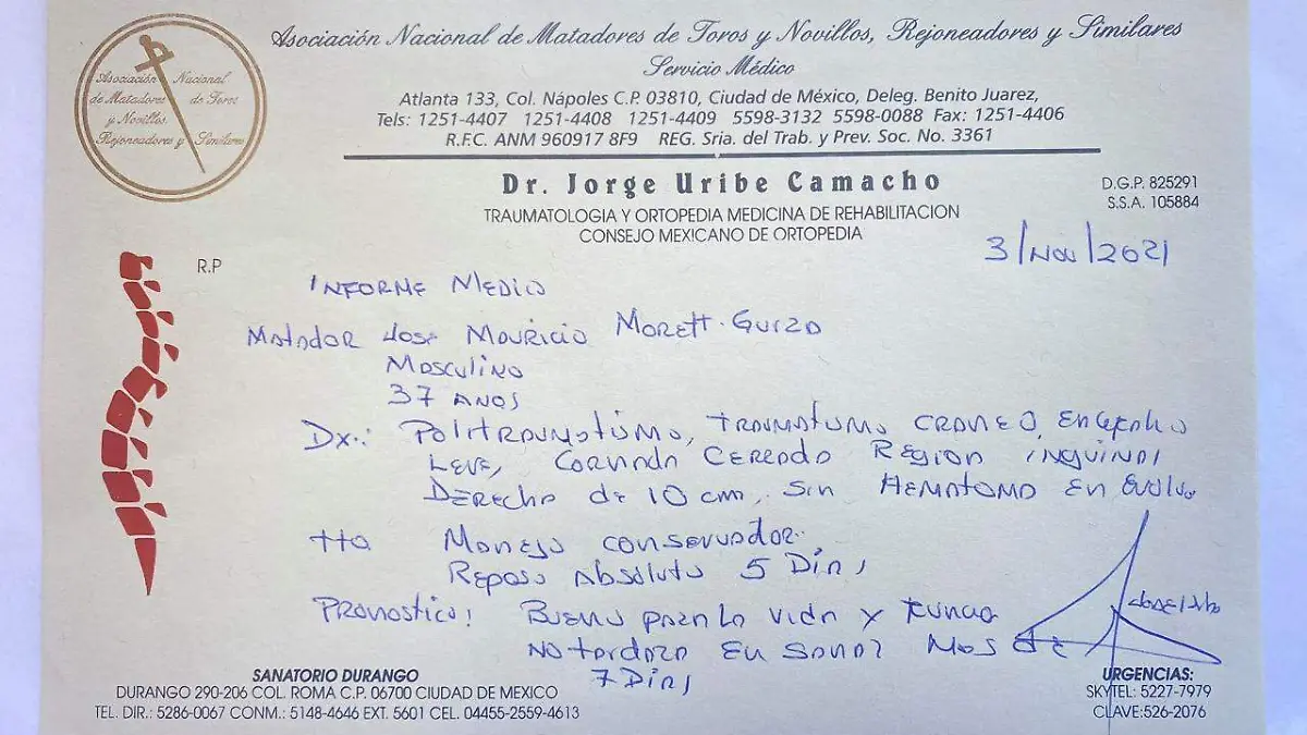 El matador de toros se recupera de la cornada interna, sin graves consecuencias. / Prensa José Mauricio.