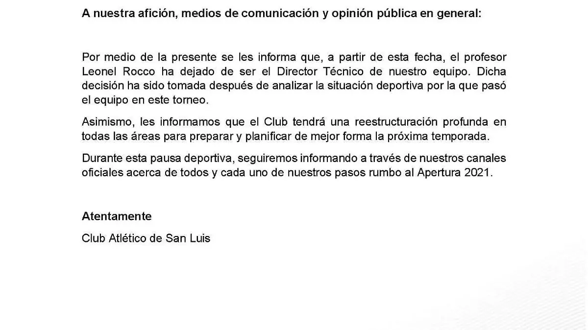 Comunicado Atlético de San Luis