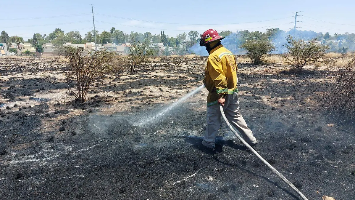 Bombero combatiendo incendio en predio