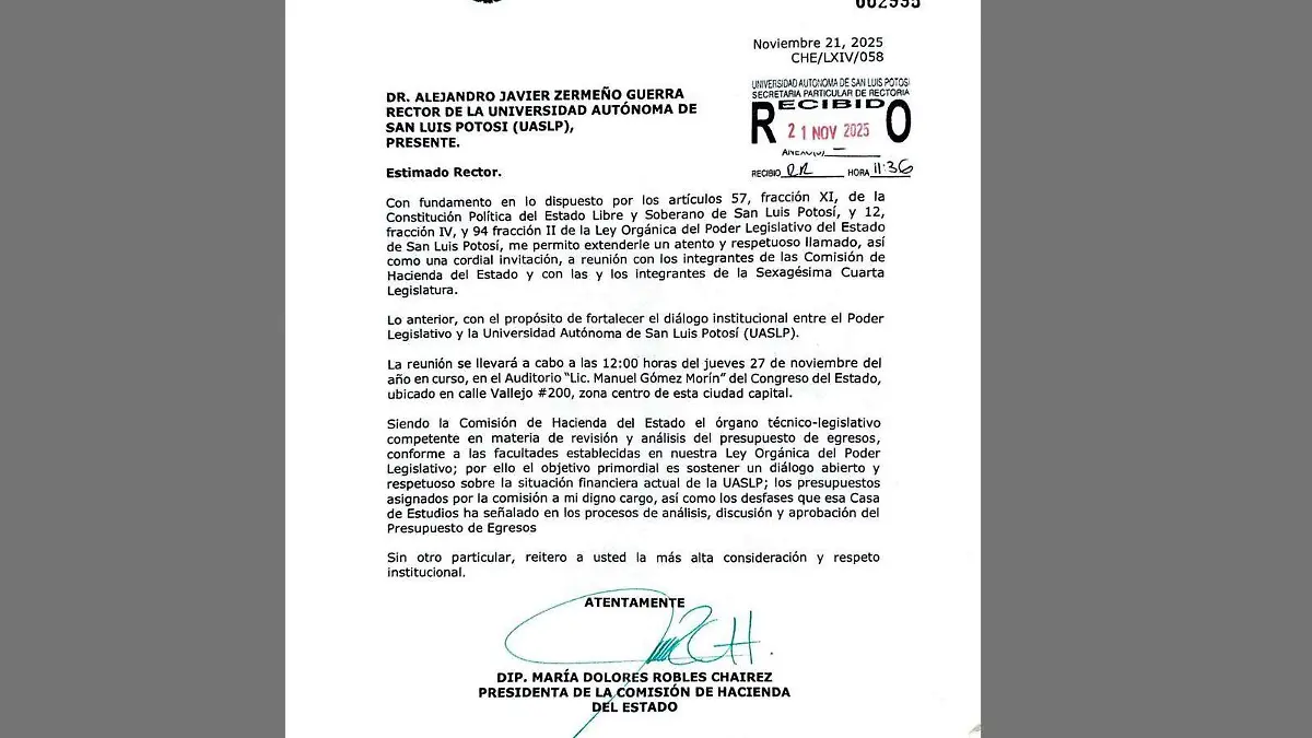 invitación al rector de la UASLP al Congreso de SLP