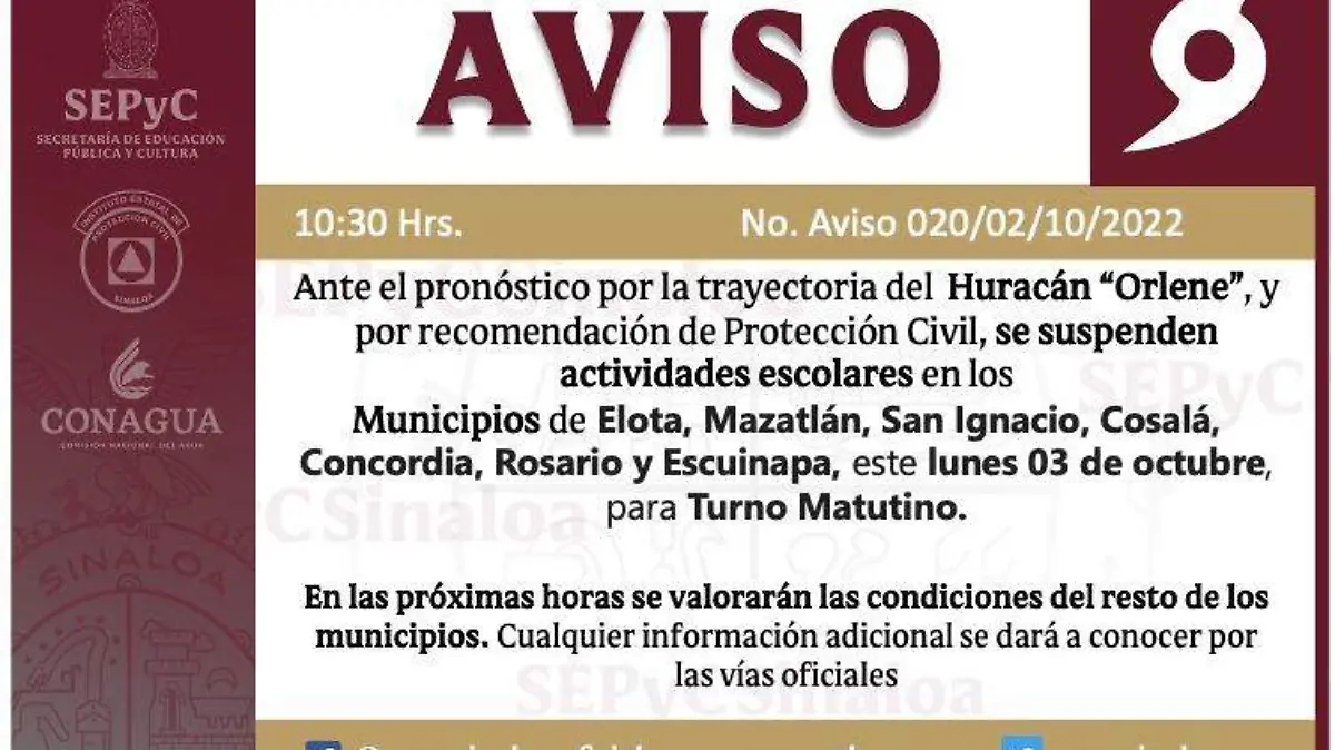 Por trayectoria de “Orlene” suspenden clases para  este lunes en el sur de Sinaloa