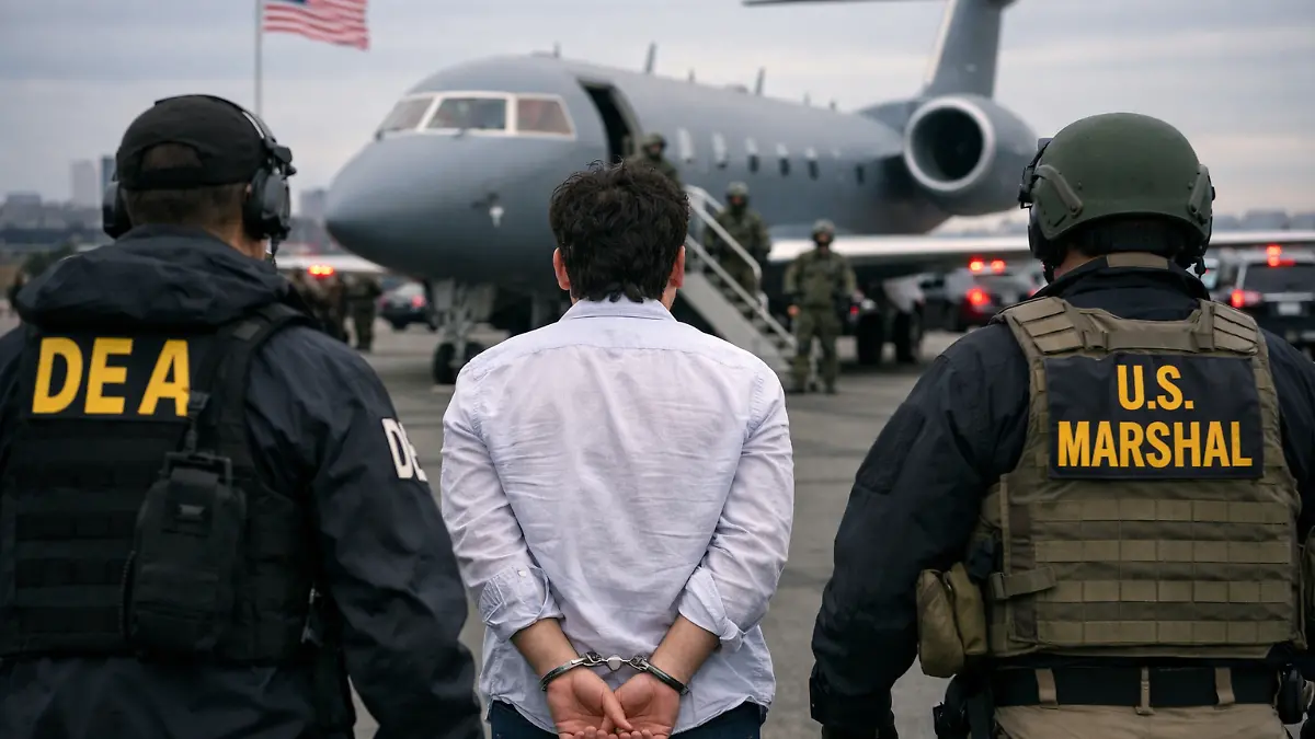 Ovidio Guzmán escoltado hacia el avión