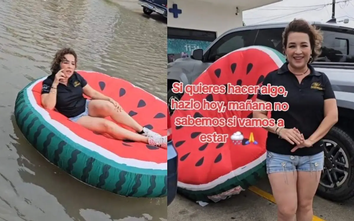 Influencer de Matamoros, Tamaulipas 'presume' su inflable de sandía tras las lluvias generadas por Francine Captura de pantalla TikTok