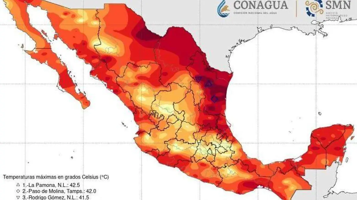 El mapa del calor correspondiente al viernes, muestra que en Tamaulipas perduran las altas temperaturas Conagua