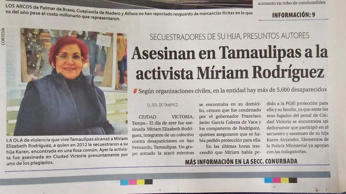 De esta forma El Sol de Tampico informó sobre el homicidio de la madre buscadora Miriam en Tamaulipas.