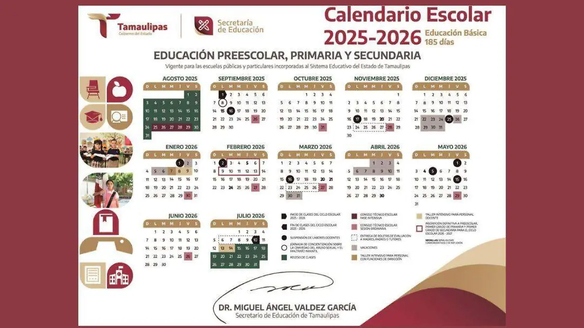 El calendario para el ciclo escolar 2025- 2026, correspondiente a Educación Básica de Tamaulipas, comprende 185 días 