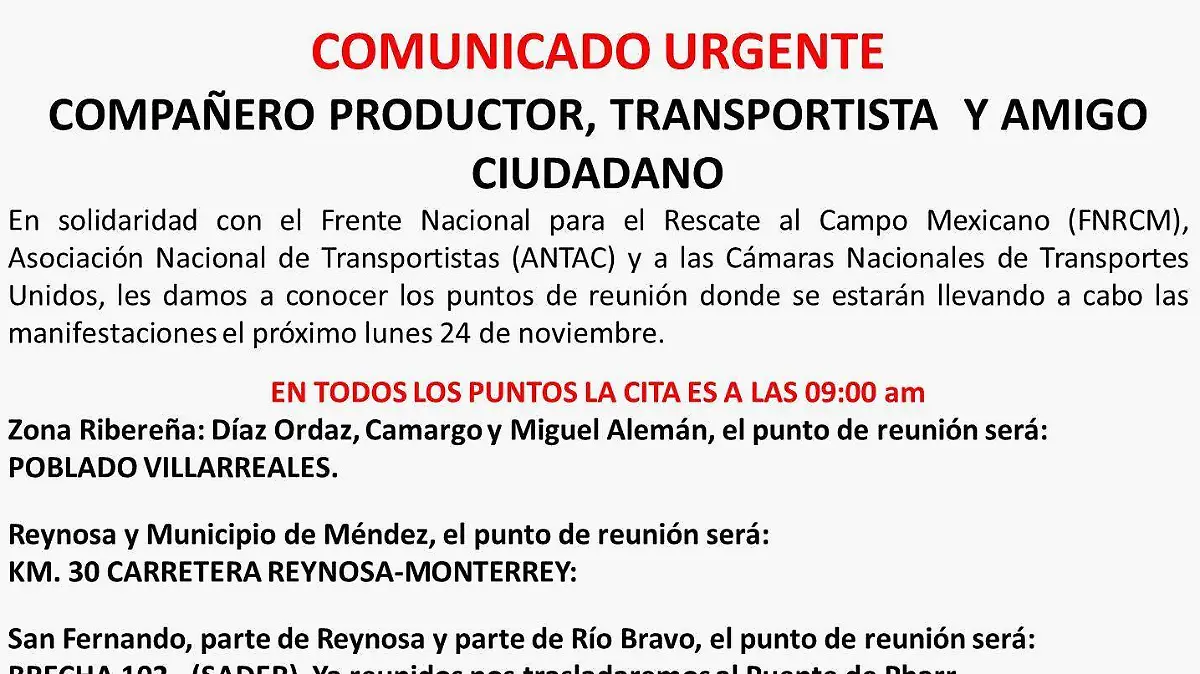 Estos son los puntos que agricultores de la zona norte de Tamaulipas ha definido para manifestarse el próximo lunes
