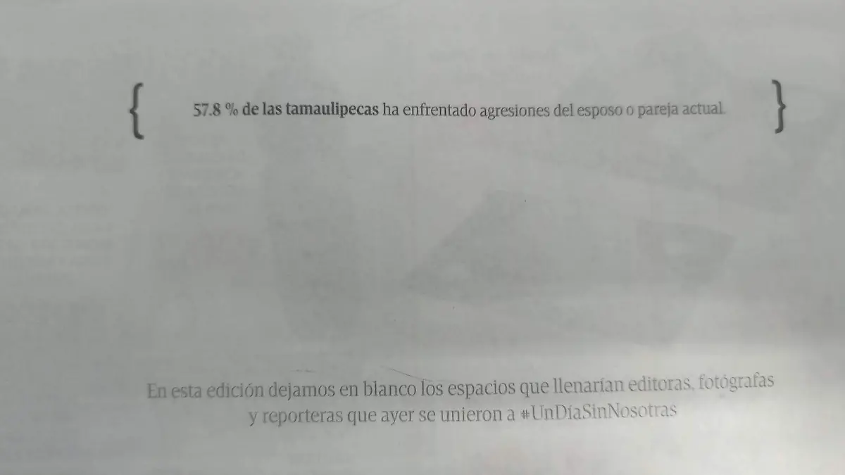 El martes 10 de marzo, las secciones de Nacional y Sociales de El Sol de Tampico mostraron espacios en blanco por #UnDíaSinNosotras