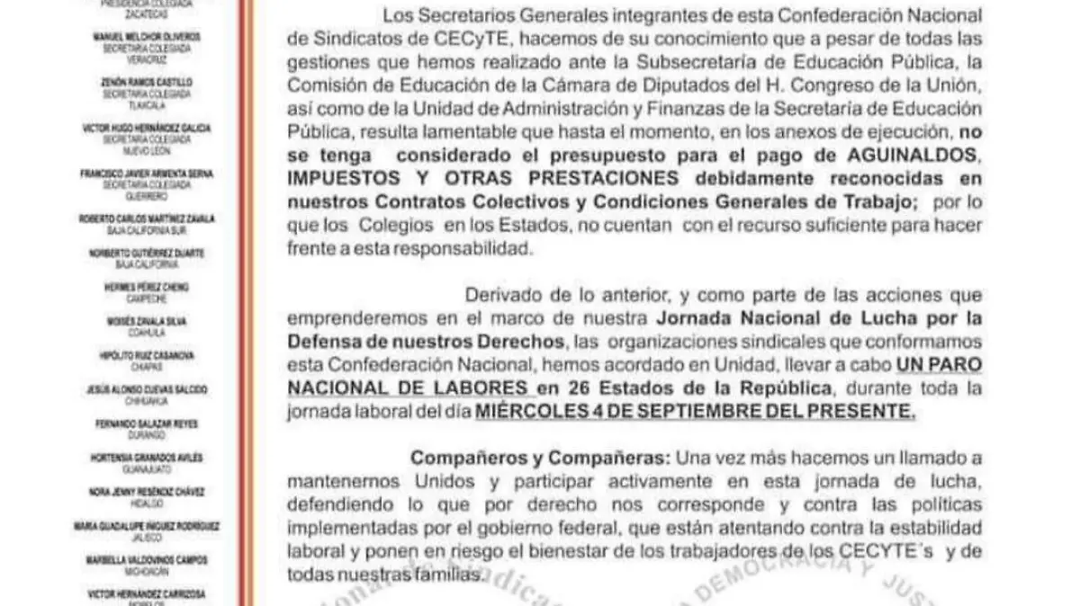 cecyte comunicado paro