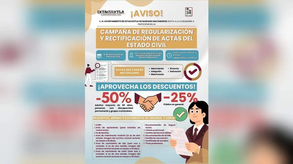 Abre Ixtacuixtla campaña para corregir actas con descuentos