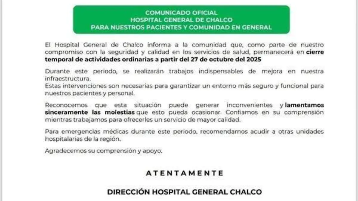 Comunicado oficial del Hospital General de Chalco