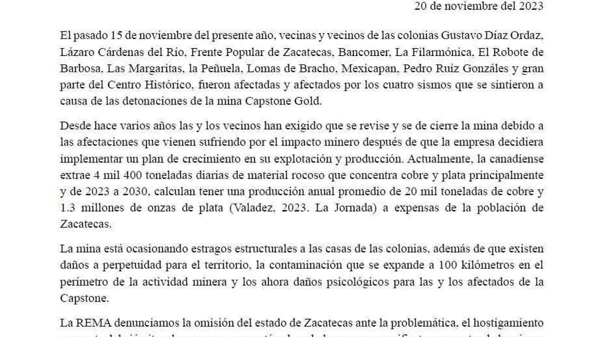 Infografía comunicado rema contra mina capstone