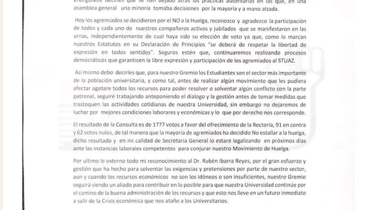 Comunicado del STUAZ desistimiento de huelga