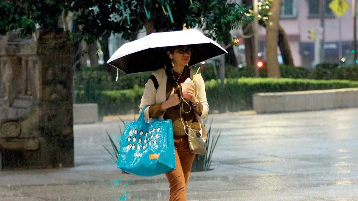 Mujer protegiéndose de la lluvia