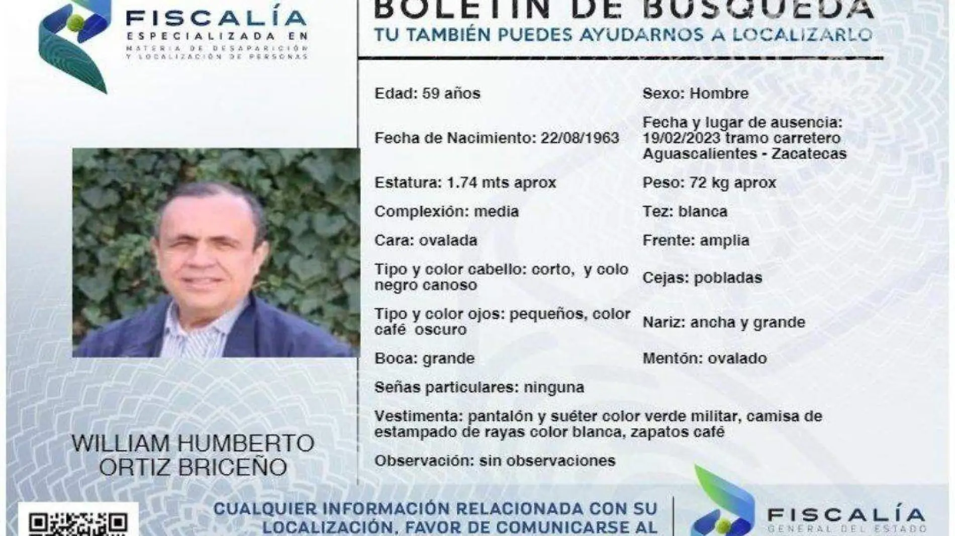 Ficha de búsqueda de médico de la UAZ, fiscalía de Aguascalientes