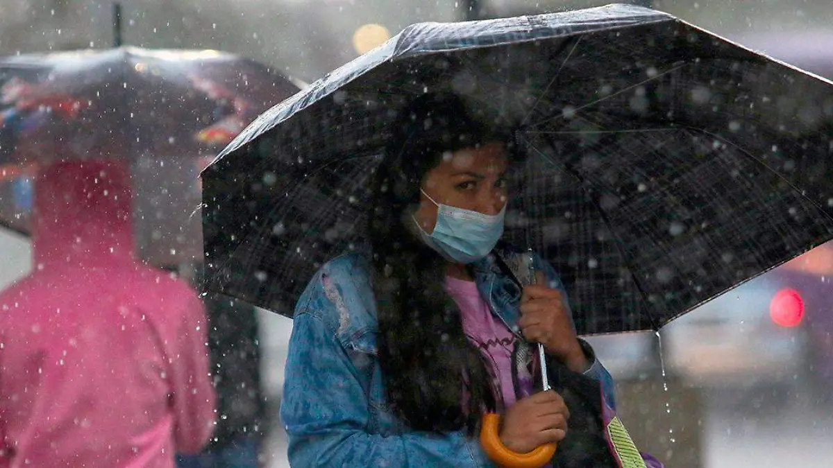 mujer portando sombrilla bajo la lluvia