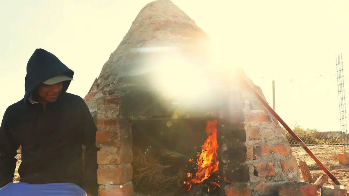 Persona observando un horno de piedra