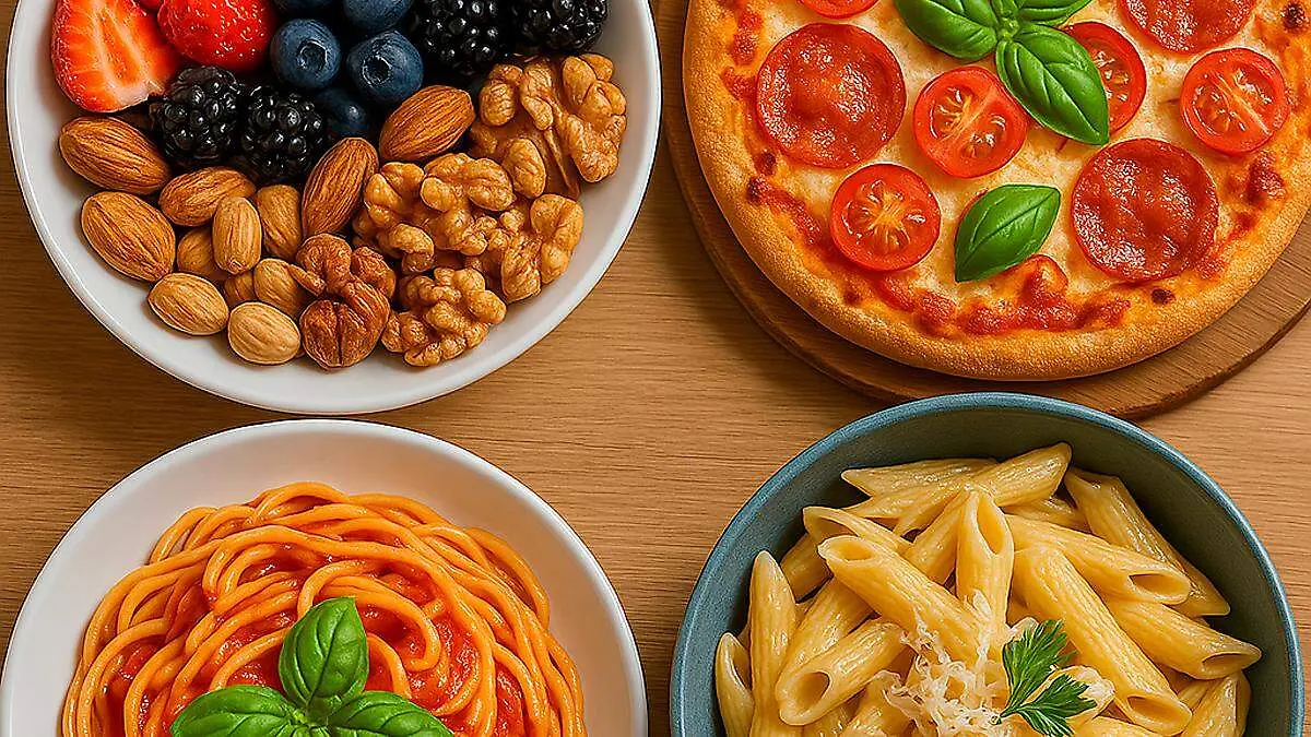Platos con pizza y pasta