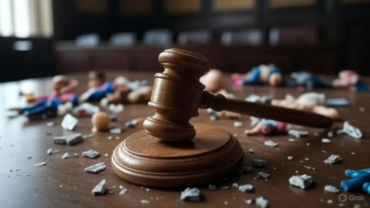 Mazo de juez y juguetes dañados